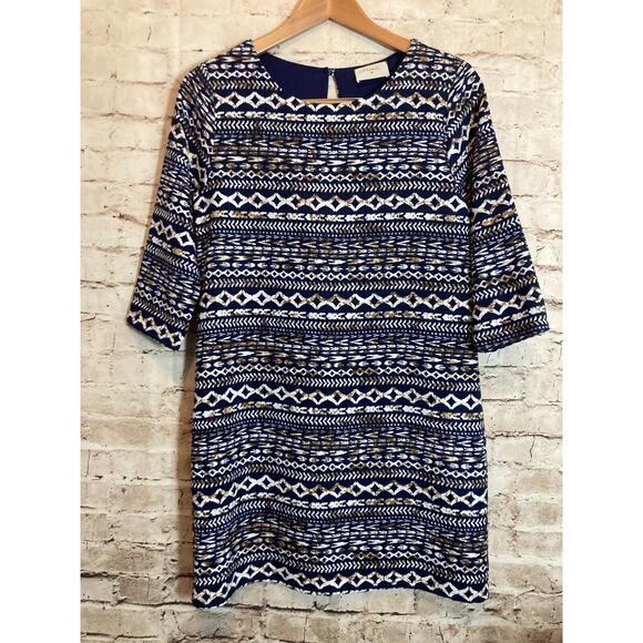 Everly Dress Womens Small Navy Blue Aztec Printed Shift Long Sleeve Career - Picture 1 of 14